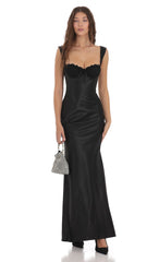 Satin Lace-Bust Dress in Black