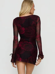 Dalzine Long Sleeve Mini Dress Burgundy Floral