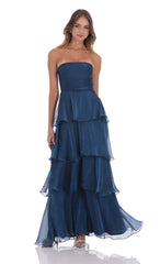 Corset Ruffle Strapless Maxi Dress in Navy
